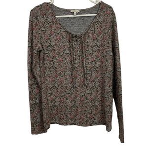 Lucky Brand Lattice Neckline Cozy Floral Long Sleeve Shirt